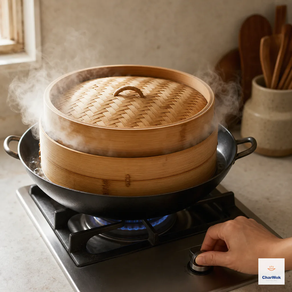 A fully closed bamboo steamer releases steady steam around its rim above boiling water while the heat is lowered