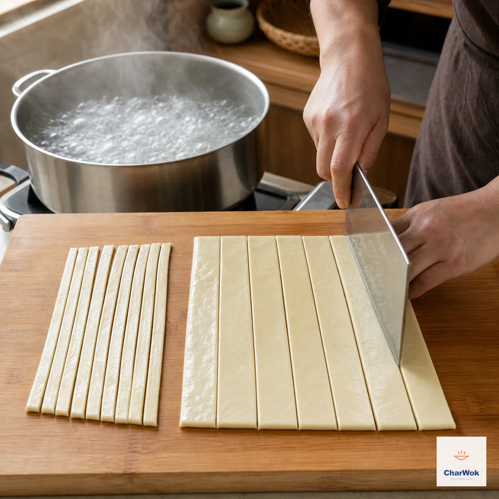 A relaxed oiled sheet is cut into separate narrow and wide strip groups while a large pot reaches a full rolling boil