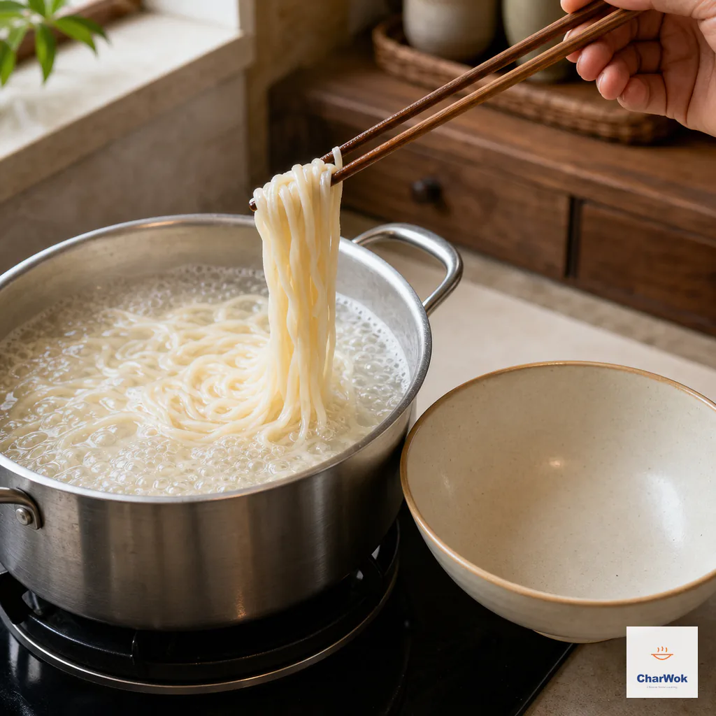 Chopsticks lift one bundle of glossy hand-pulled noodles from a vigorous boiling pot directly toward an empty warmed bowl