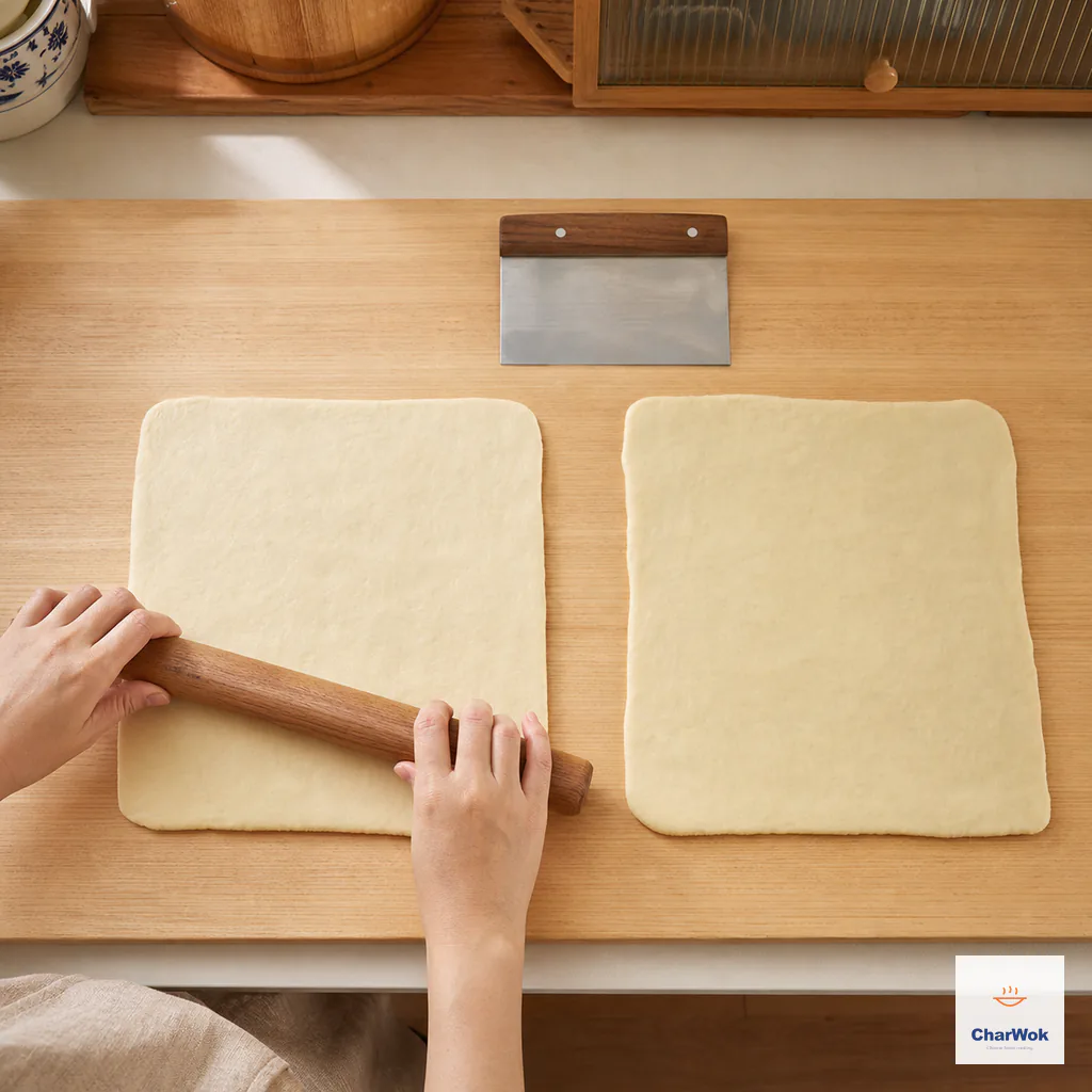 Exactly two equal noodle-dough pieces are rolled into two even rectangular sheets about 5 millimetres thick