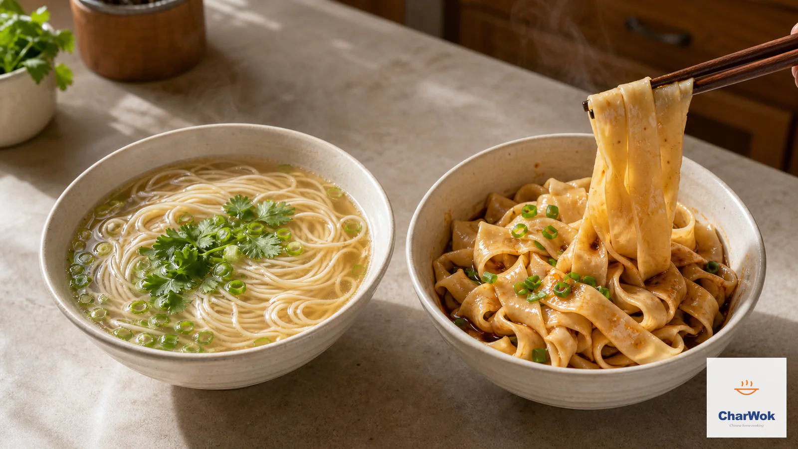 Thin hand-pulled noodles in clear broth beside wide chili-oil-dressed noodle ribbons