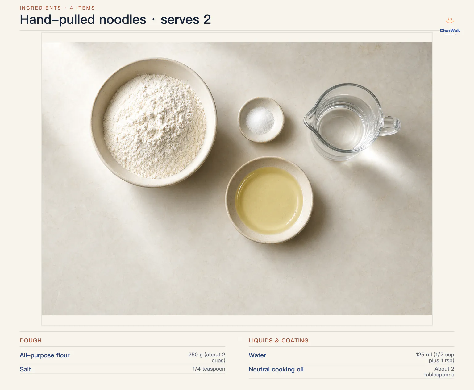 English hand-pulled noodle ingredients for 2 servings: 250 grams or about 2 cups all-purpose flour, one quarter teaspoon fine salt, 125 millilitres or half a cup plus 1 teaspoon room-temperature water, and about 2 tablespoons neutral cooking oil