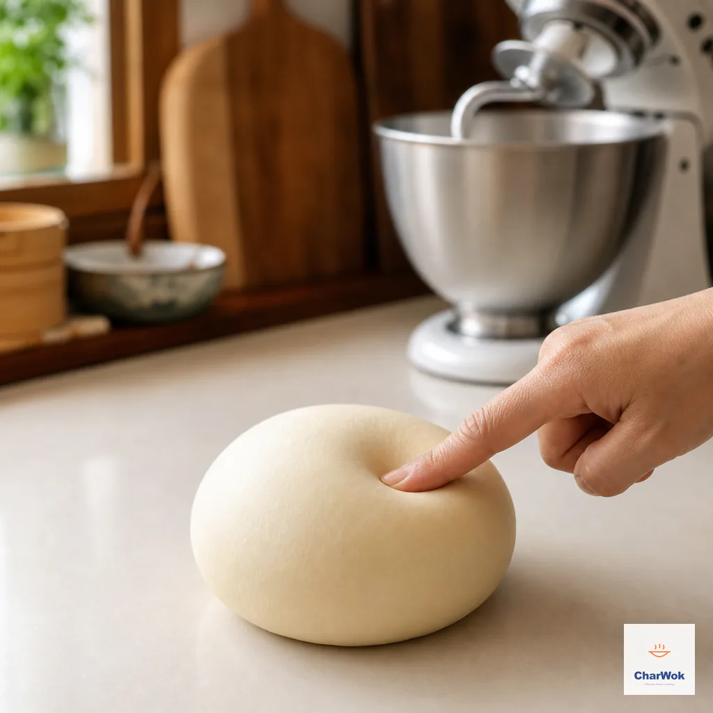 A fingertip presses a smooth firm noodle dough ball on a clean flour-free counter as the indentation springs back