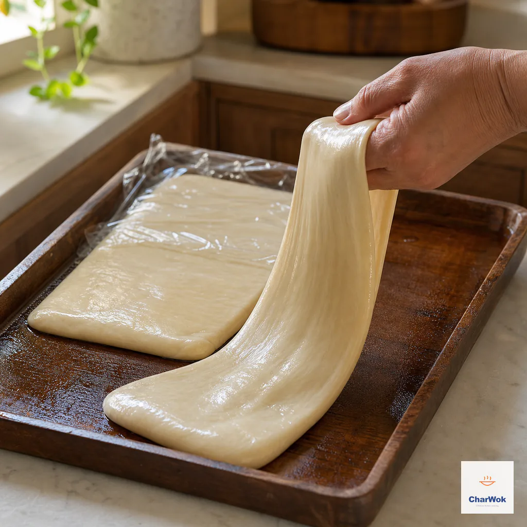 One edge of a rested glossy dough sheet is lifted into a long smooth drooping curve while the second sheet stays covered