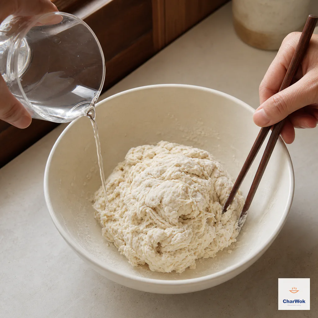 Room-temperature water pours gradually into flour and salt while chopsticks gather the stiff rough clumps into one shaggy ball