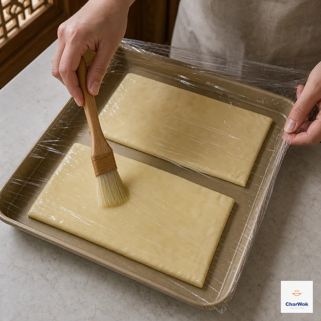 A pastry brush coats exactly two rectangular dough sheets with neutral oil as clear film is drawn over their tray