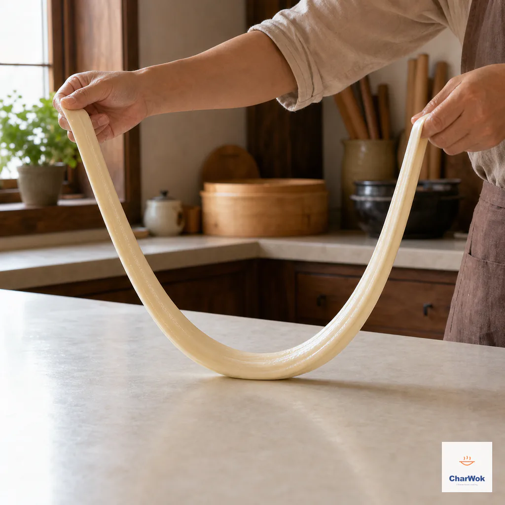 Two hands pull one glossy strip evenly into a long doubled loop whose centre lightly brushes the clean worktop