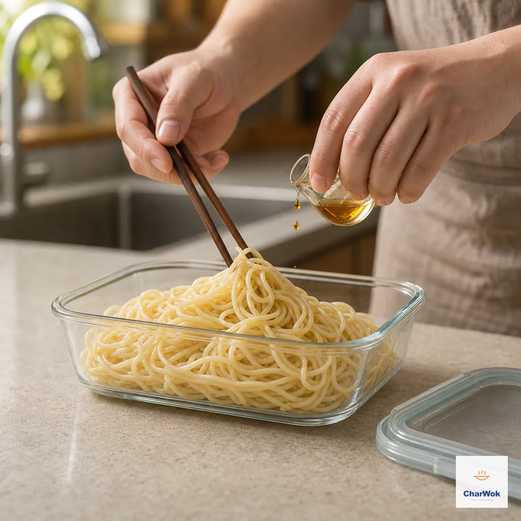 Cooled cooked noodles are tossed with a few drops of sesame oil in a shallow glass storage container beside its lid