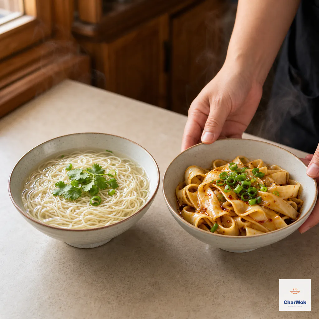 A steaming bowl of thin hand-pulled noodles in clear broth sits beside wide ribbons dressed with chili oil, black vinegar, light soy and scallion