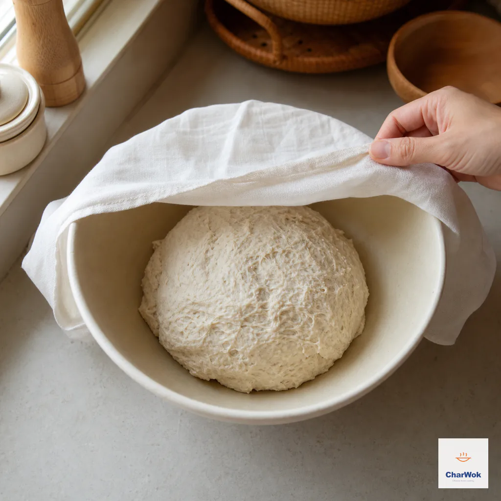 A rough hydrated noodle dough ball rests in a cream bowl under a damp cloth with one edge lifted