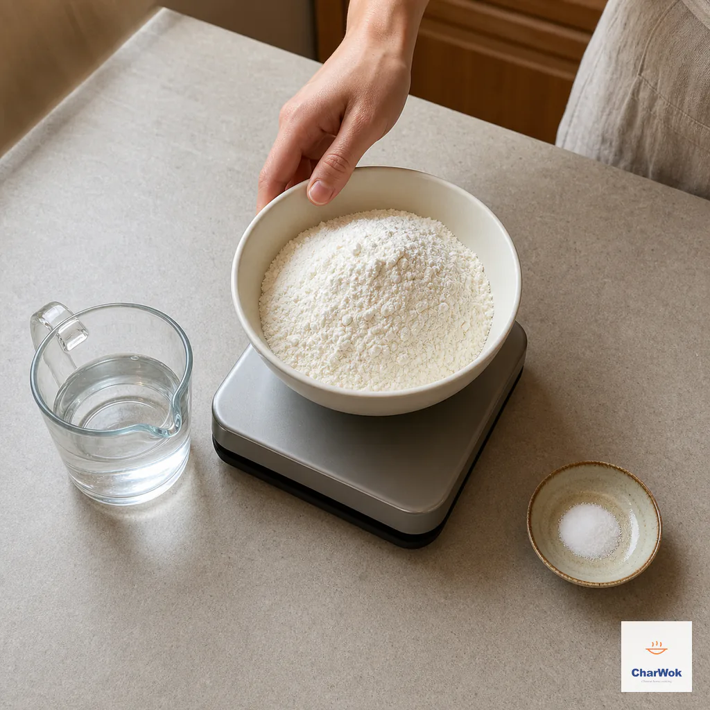 A bowl of all-purpose flour sits on a digital scale beside a clear measuring cup of water and a tiny dish of fine salt