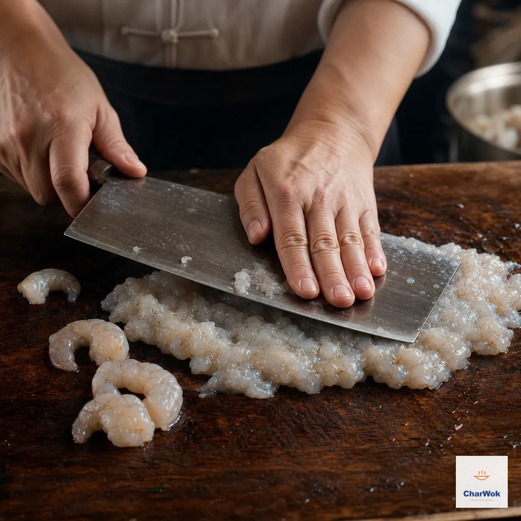 One hand presses raw shrimp flat under the broad side of a Chinese cleaver on a wooden board while several whole shrimp remain set aside