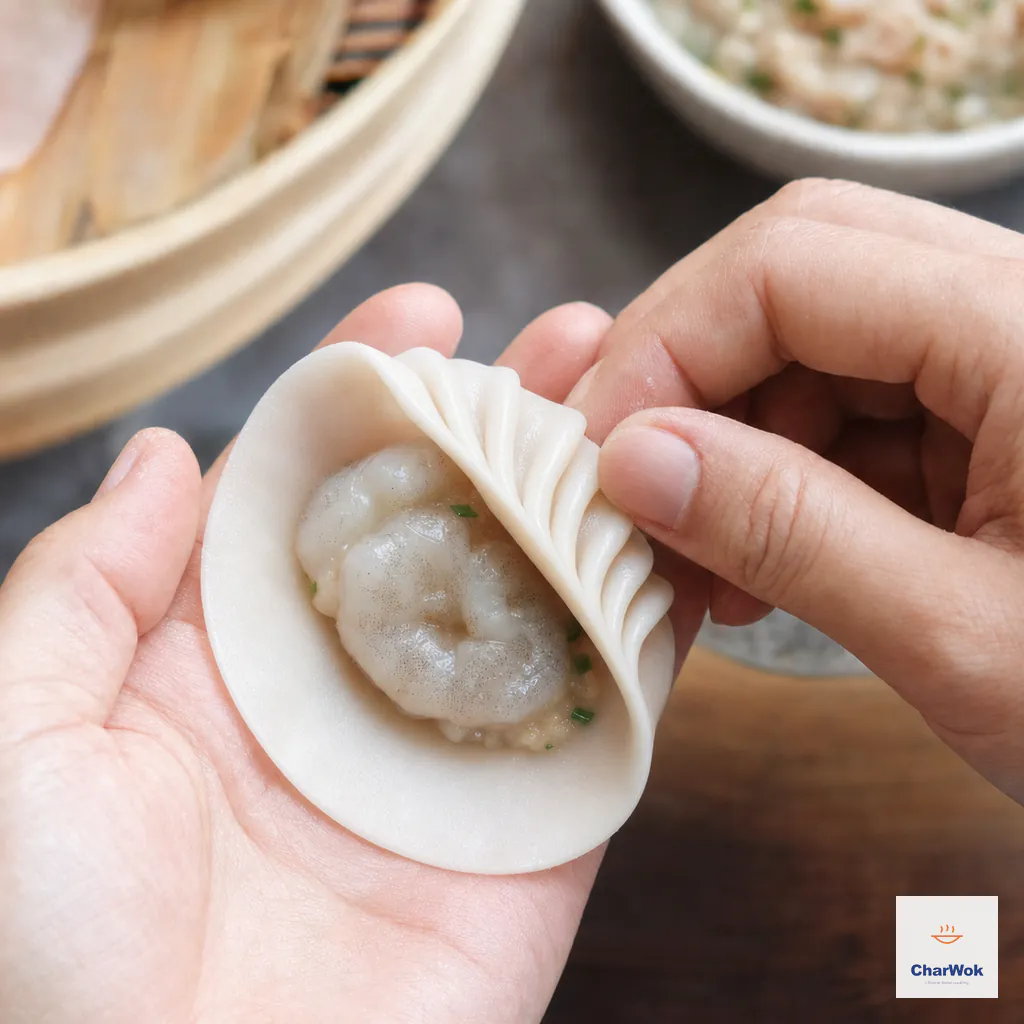 Hands hold a har gow wrapper around minced filling and one whole shrimp while only the far edge is folded into a row of pleats and the near half stays smooth