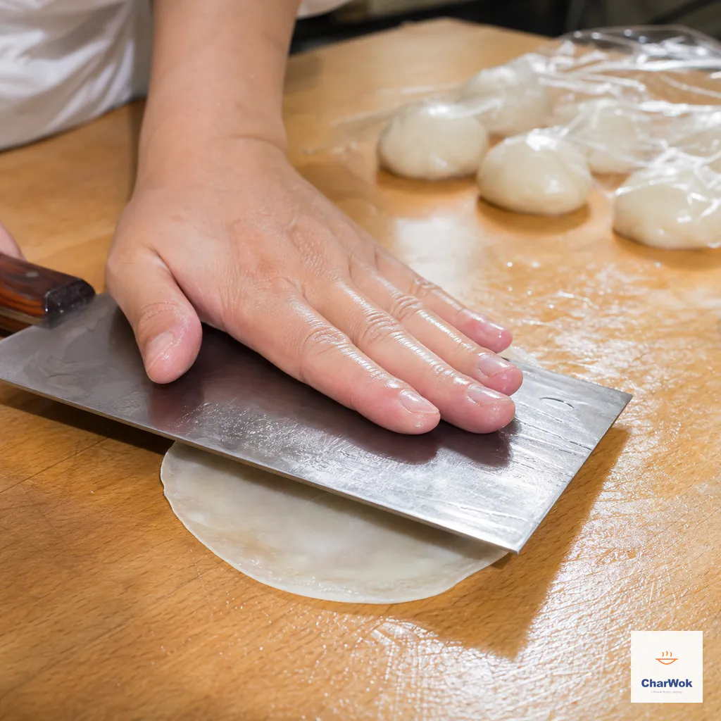 An oiled palm presses the flat side of a Chinese cleaver over one starch-dough piece, sweeping it into a thin round wrapper while the remaining pieces stay covered