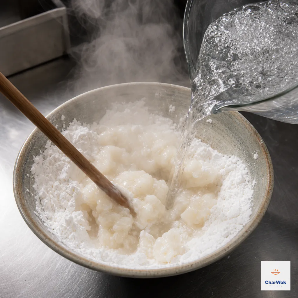 Actively bubbling just-boiled water pours into wheat and tapioca starch while a chopstick stirs the steaming mixture into a wet, lumpy mass