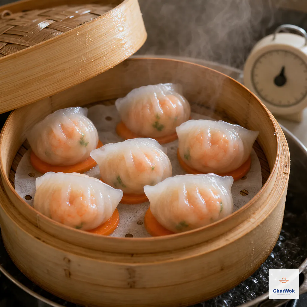 Six translucent har gow steam in a bamboo basket over vigorously boiling water, each dumpling resting on its own diagonal carrot slice beside a kitchen timer