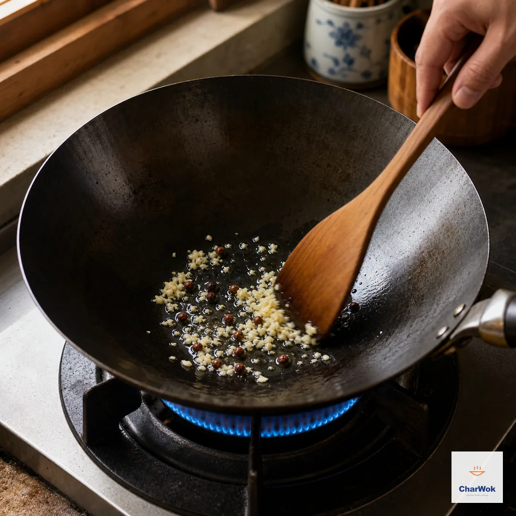 A wooden spatula moves finely minced garlic and whole Sichuan peppercorns through a thin oil film while the garlic remains pale gold