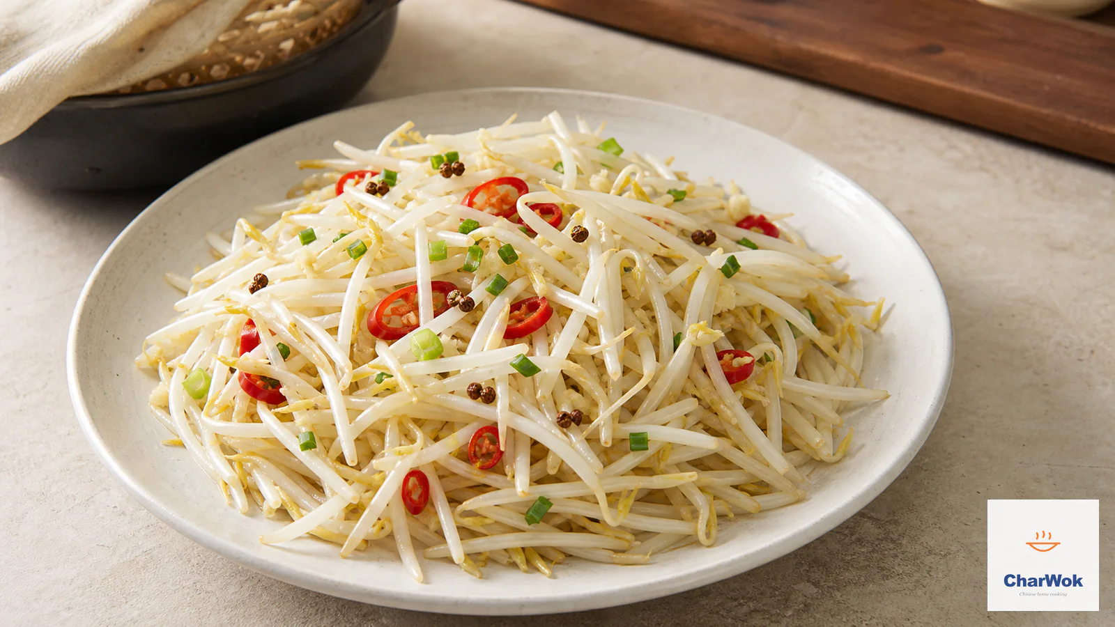 Crisp white mung bean sprout stir-fry with red chili, scallion, garlic and Sichuan peppercorns