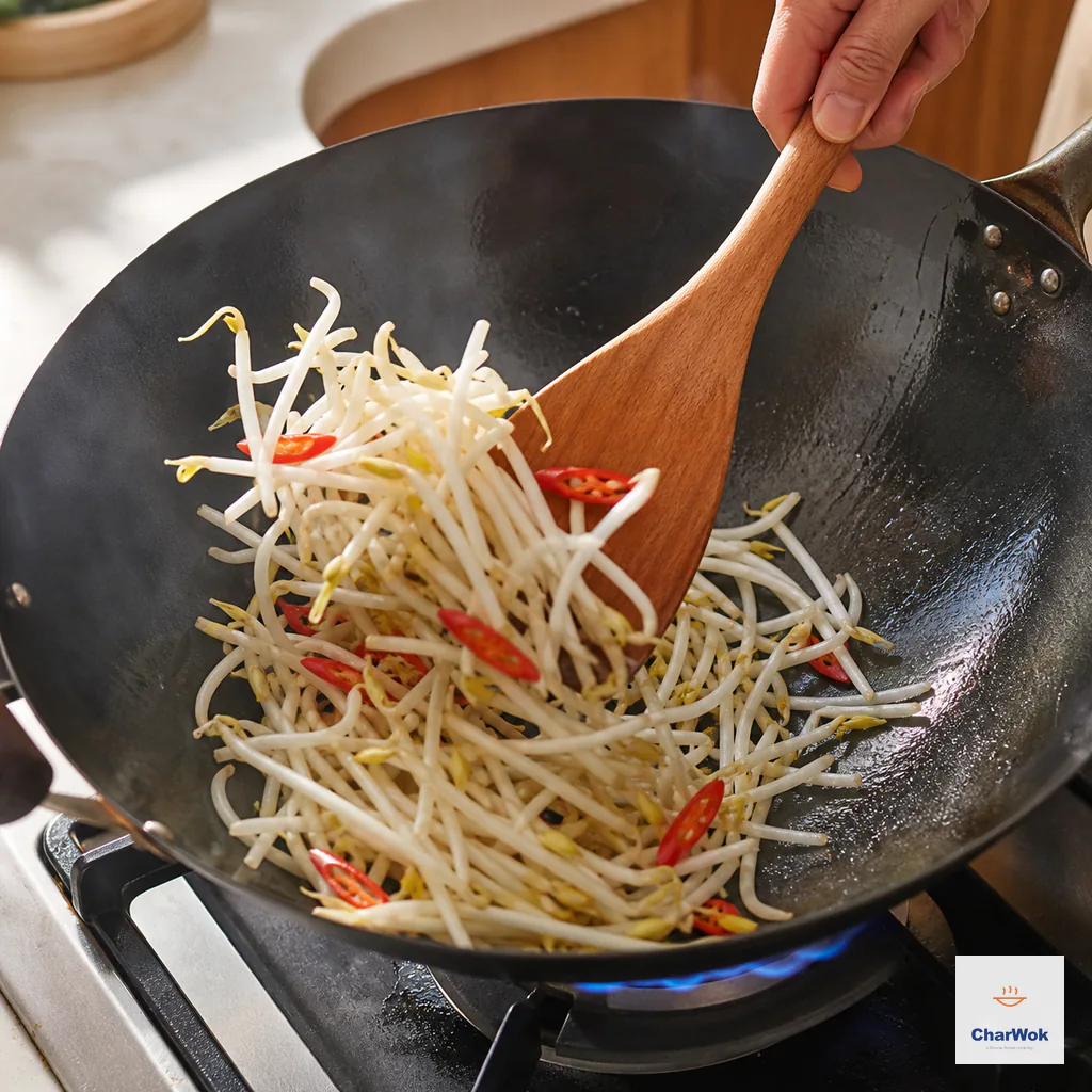 A wooden spatula vigorously tosses plump white mung bean sprouts and sliced red chili over a blue flame with the dry wok bottom still visible