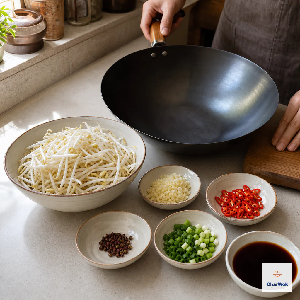 A cold empty wok waits beside drained white sprouts, minced garlic, sliced red chili, chopped scallion, Sichuan peppercorns and one bowl of mixed soy-vinegar seasoning