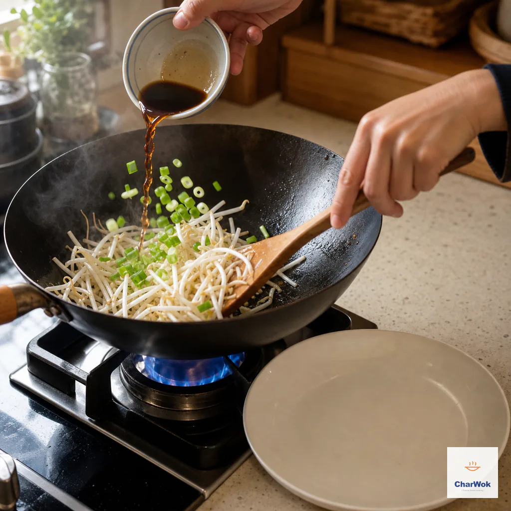 Thin soy-and-black-vinegar seasoning hits the bare hot wok rim as chopped scallion falls onto crisp white sprouts beside an empty serving plate