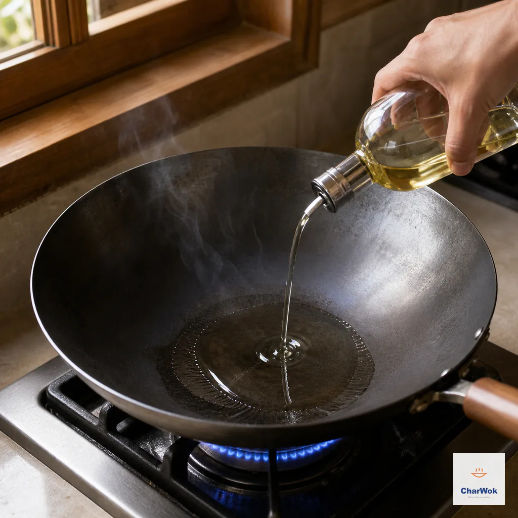Neutral oil pours into a dry carbon-steel wok at its first faint wisp of smoke and instantly spreads into a shimmering film over a blue flame
