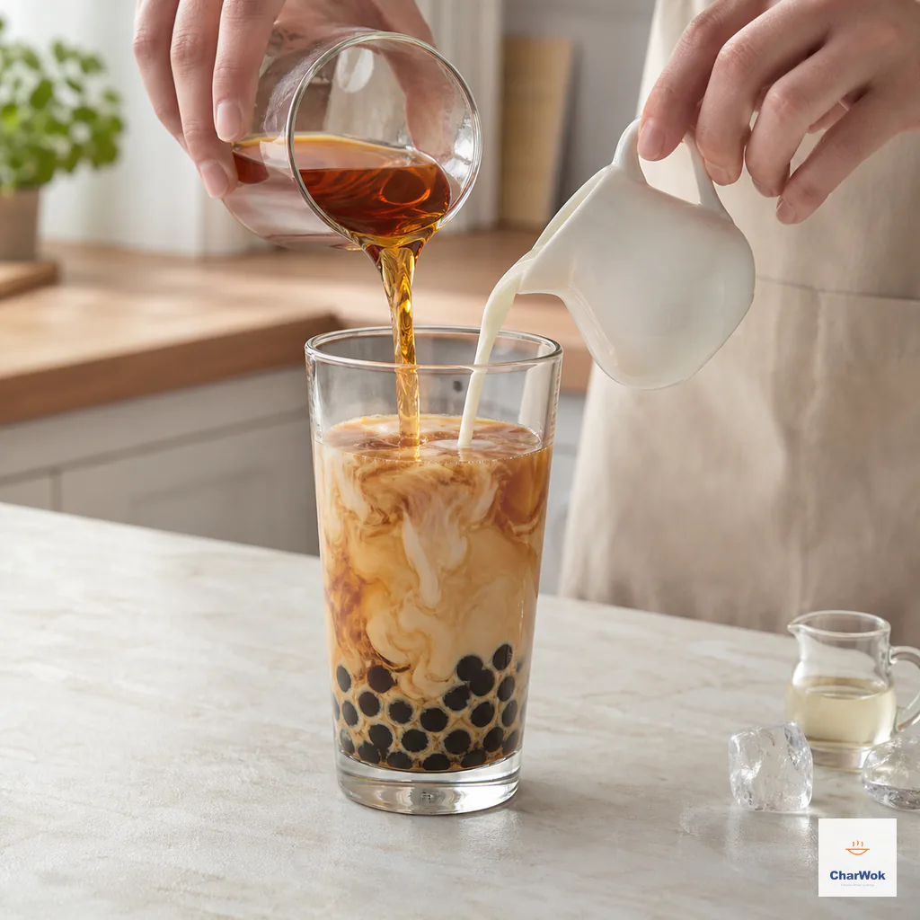 Cooled amber tea and white milk pour together over a bottom layer of black pearls, forming tan swirls in a clear glass
