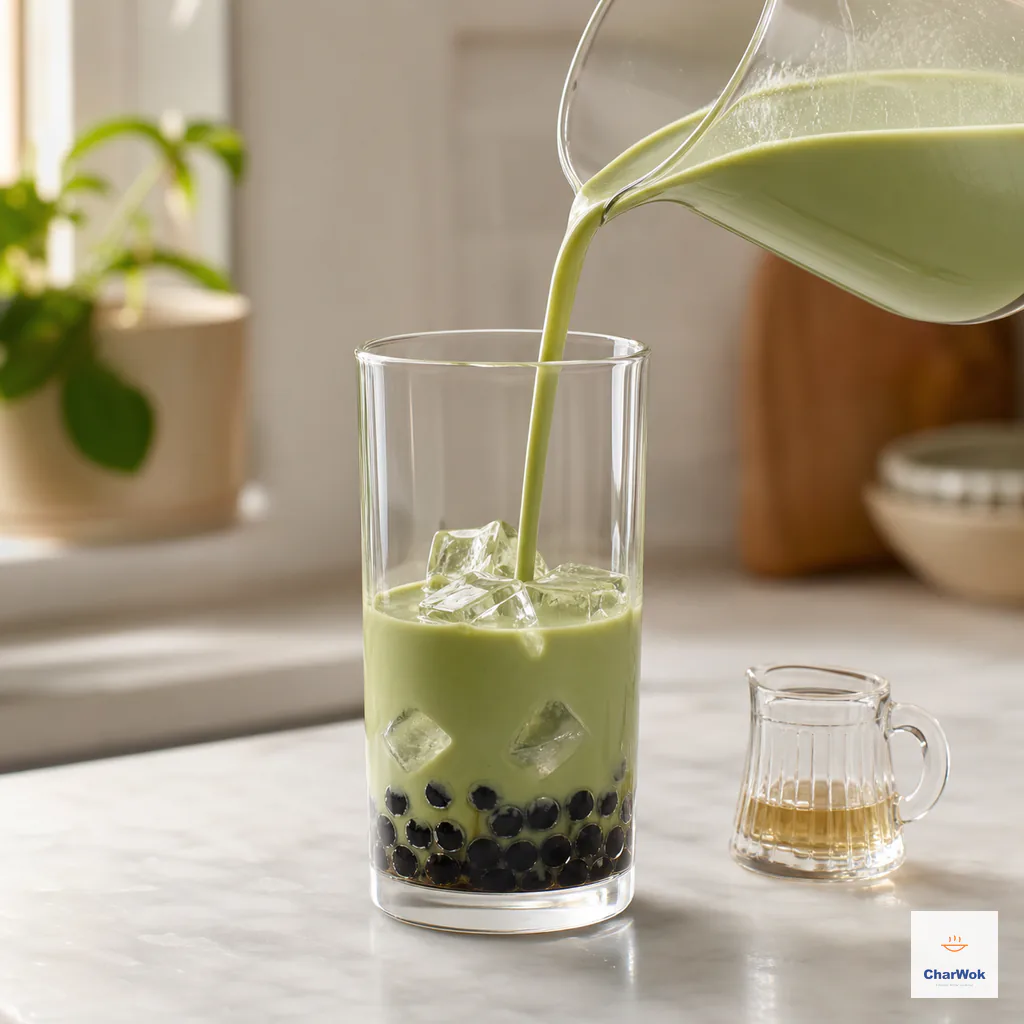 Even green matcha milk pours over ice and one bottom layer of glossy black pearls in a clear serving glass