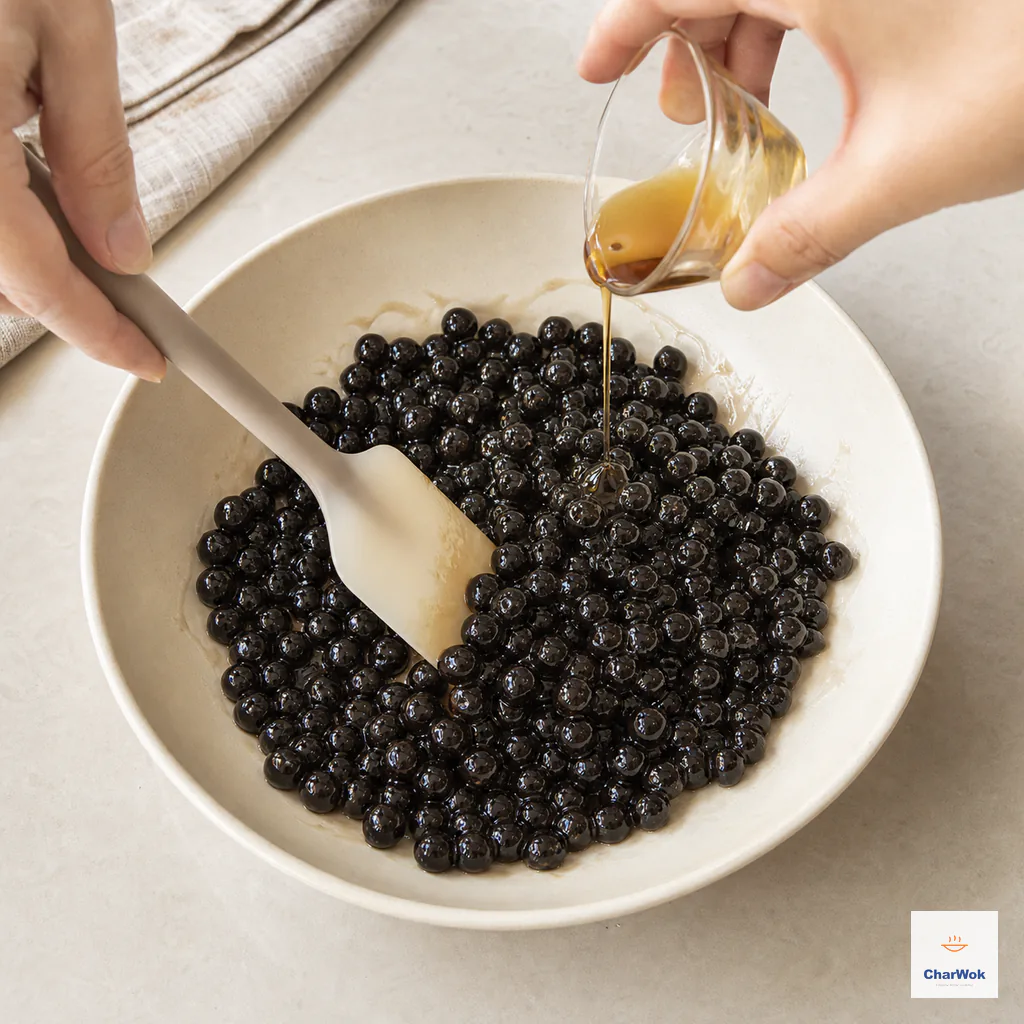 A thin ribbon of amber syrup coats freshly drained black tapioca pearls as a spatula folds them gently