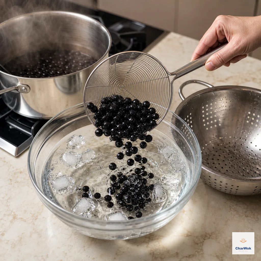 A wire spider drops glossy cooked black pearls into a large bowl of cold water while a metal colander waits beside it