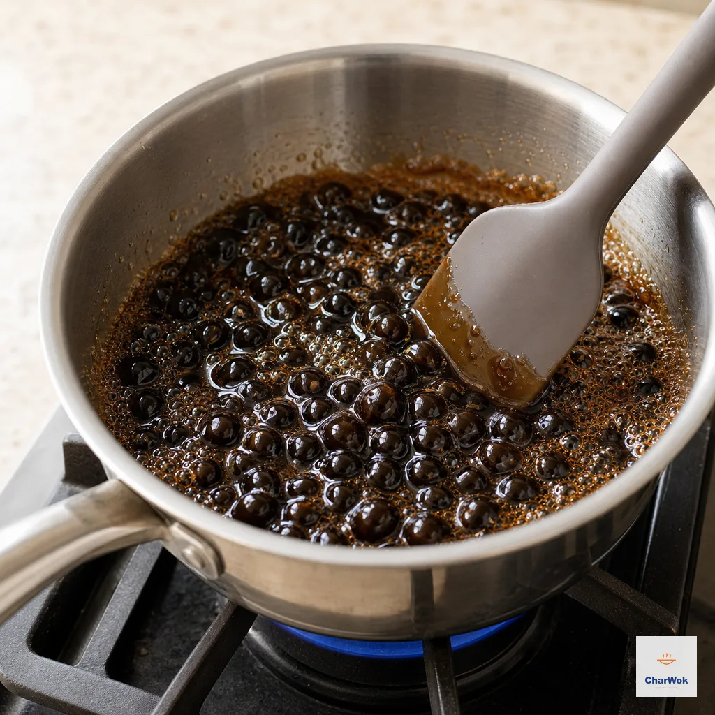 Separate black pearls simmer in glossy dark-brown sugar syrup with fine bubbles over a low blue flame