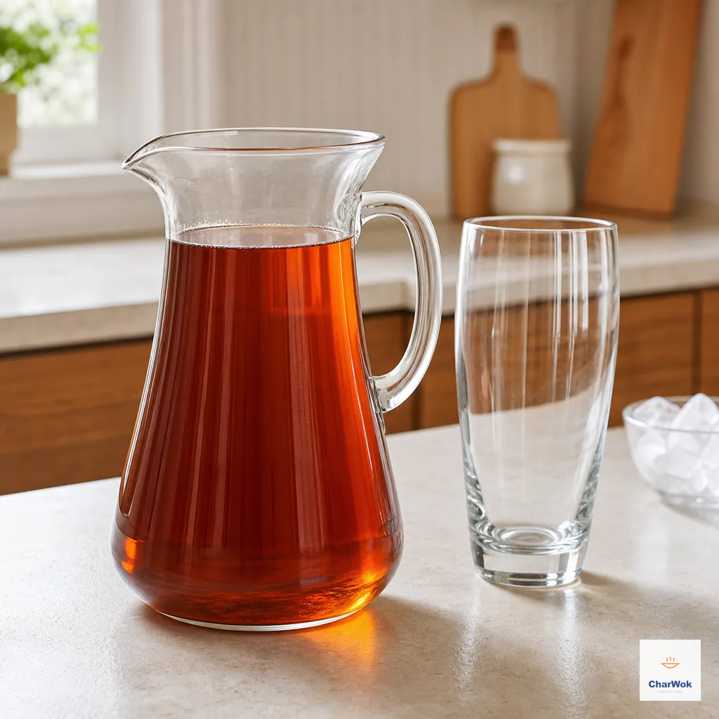 A clear pitcher of strained amber black tea cools naturally beside an empty glass and unused ice