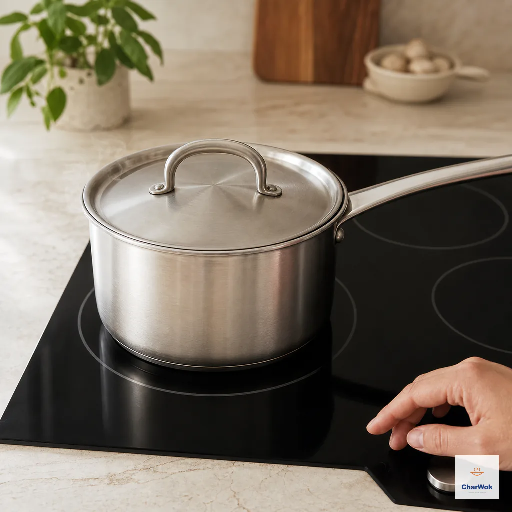 A fully lidded stainless pot rests on a switched-off glass burner with one faint wisp of steam at the lid edge