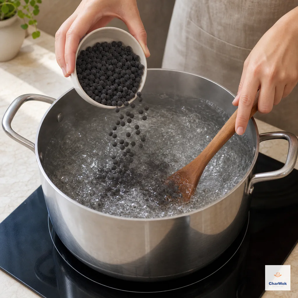 Dry black quick-cook tapioca pearls pour into a large pot of vigorously rolling water while a wooden spoon stirs the bottom