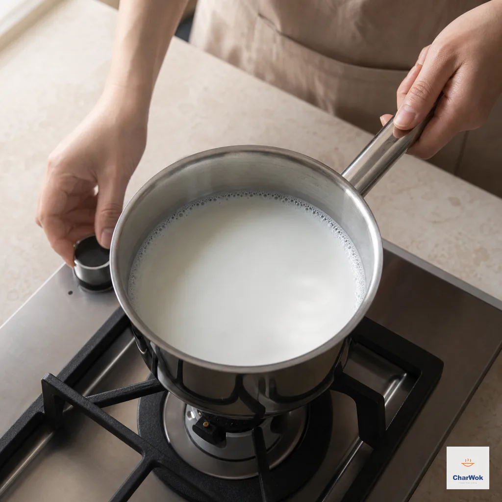 White milk in a small saucepan shows a neat ring of tiny edge bubbles while the smooth center remains unboiled