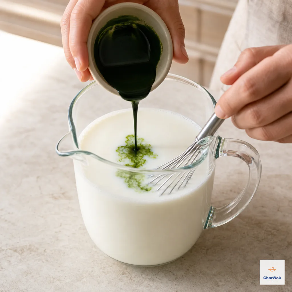 深绿浓抹茶膏以细流倒进白牛奶，金属打蛋器开始搅出第一圈绿色