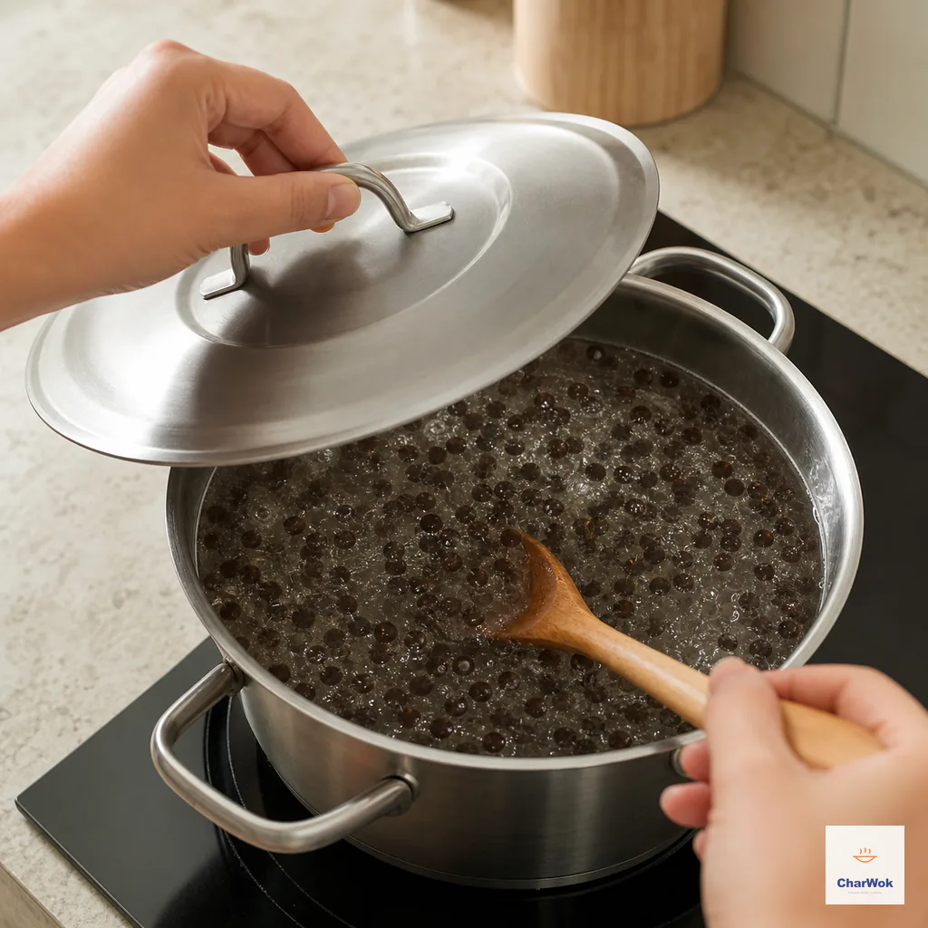 Separate black tapioca pearls float across gently boiling water as a fitted lid is lowered over the pot