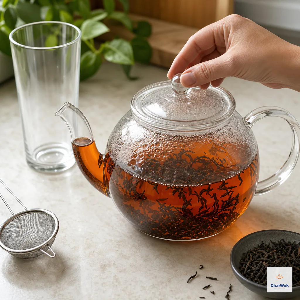 Loose black tea steeps to a clear deep amber in a lidded glass pot beside a fine strainer and empty serving glass