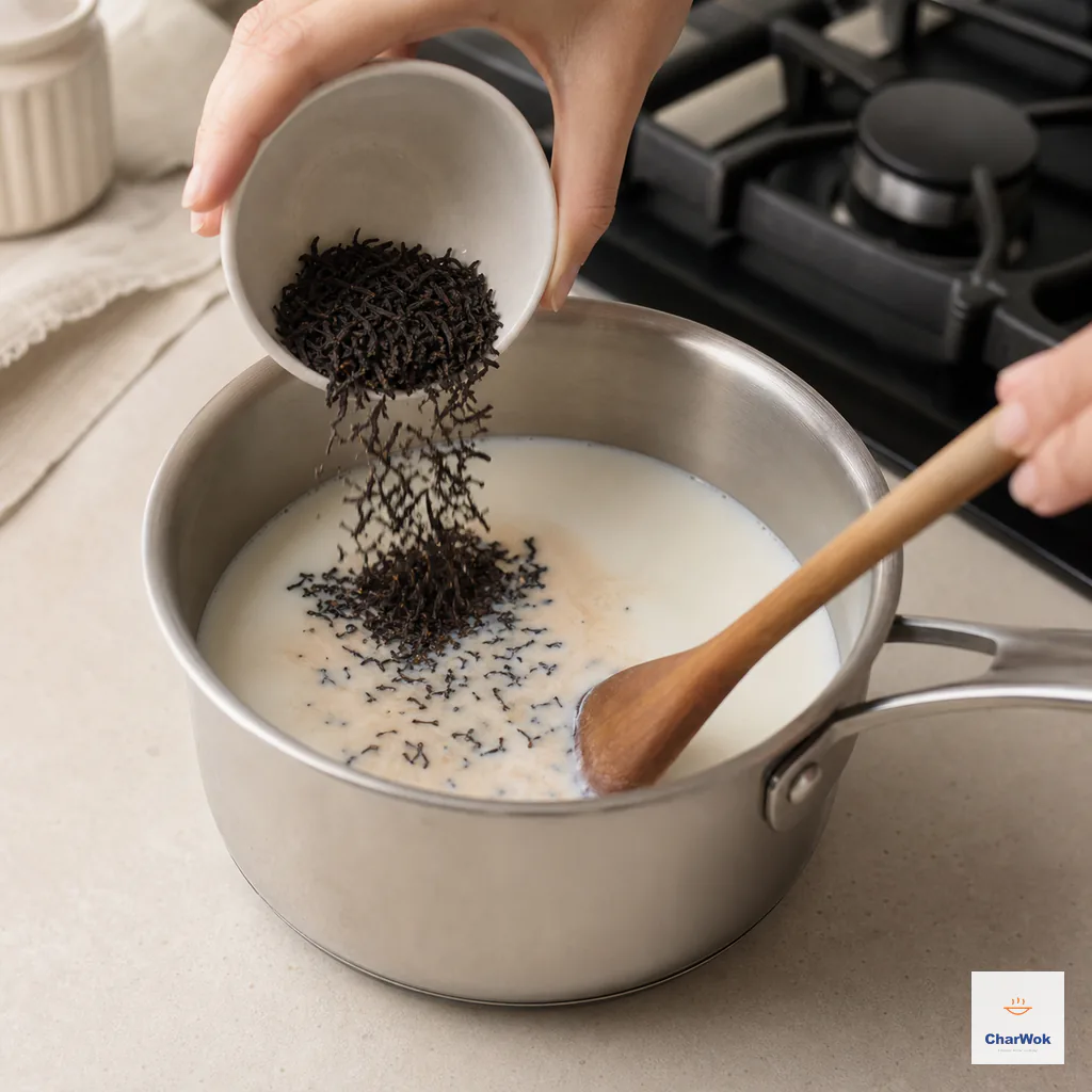 Loose black tea falls into just-heated milk in a saucepan off the burner as the milk begins turning pale beige