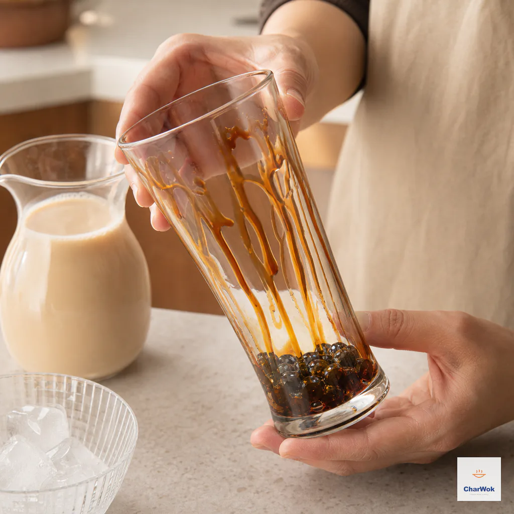Two hands rotate a tilted clear glass so hot brown syrup and pearls leave irregular dark vertical streaks on its inner walls