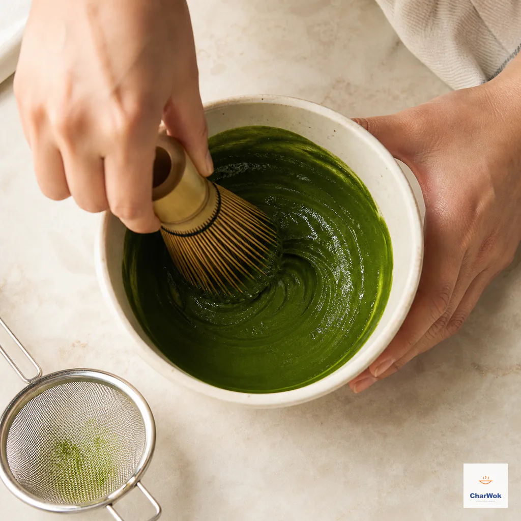 A bamboo whisk turns sifted vivid-green matcha and a spoonful of warm water into a smooth thick paste