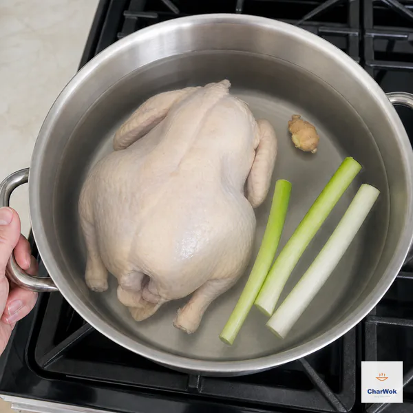 One whole raw chicken lies fully submerged under perfectly still cold water with three scallion sections and one small smashed ginger knob in an unlit stockpot