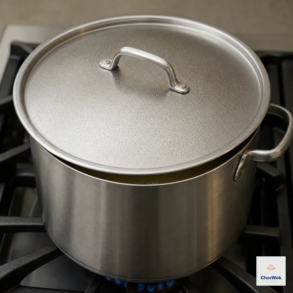 A condensation-beaded stainless lid covers more than ninety percent of a stockpot, leaving one narrow vent over a barely bubbling four-hour simmer