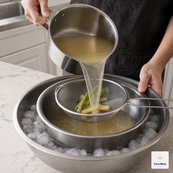 Clear pale-golden stock pours through a fine-mesh sieve into a stainless bowl nested securely in a larger basin of ice and cold water