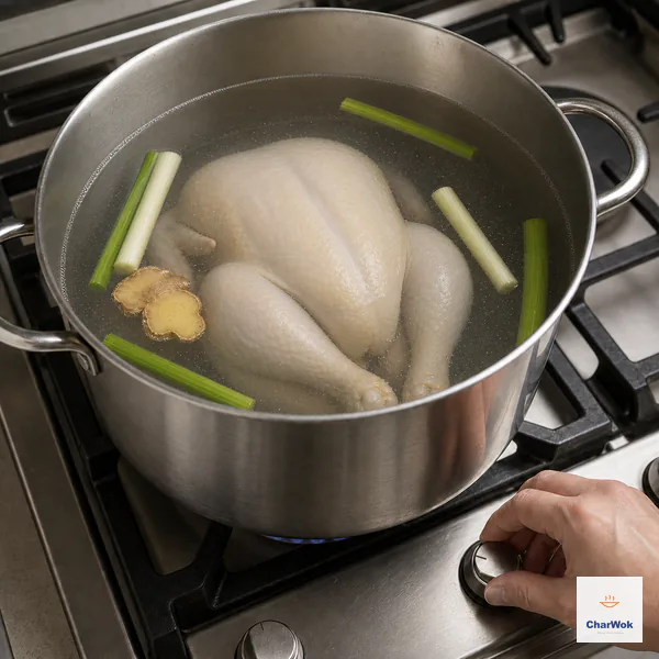 A hand turns the burner down while a fully submerged chicken sits beneath clear water showing only a fine ring of tiny edge bubbles