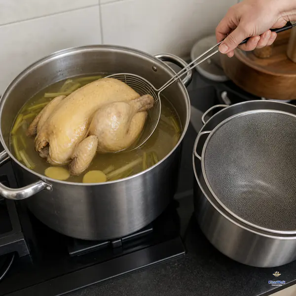 An intact cooked chicken is lifted from clear pale-golden stock in an unlit pot after resting, with a clean fine-mesh sieve ready beside it