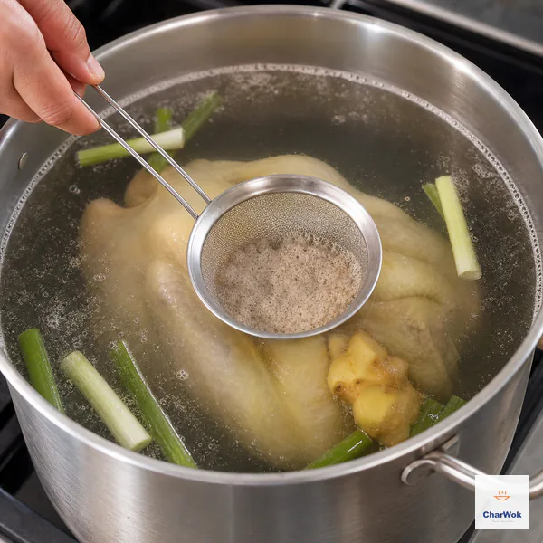 A fine-mesh skimming spoon lifts gray-brown protein foam from clear hot water while the whole chicken remains submerged below