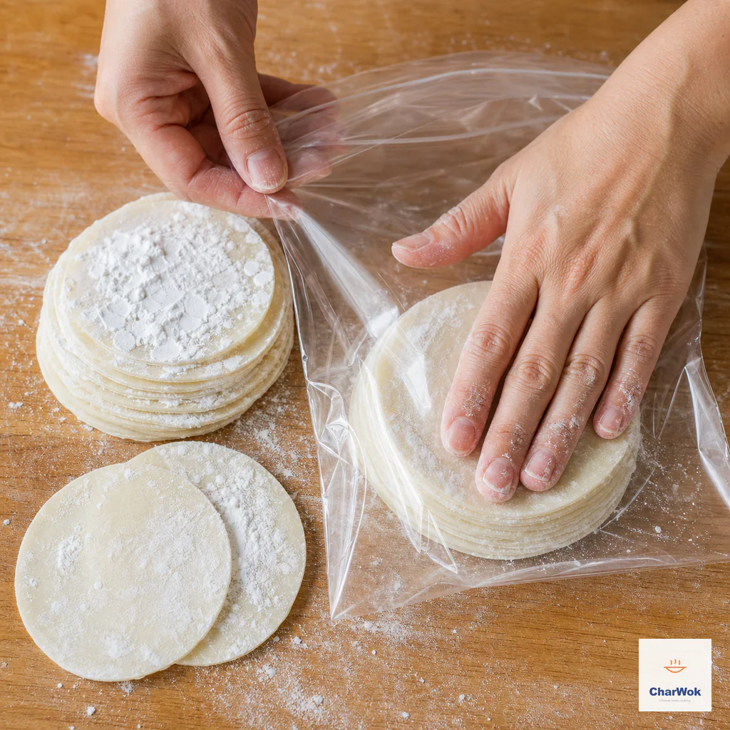 Round dumpling wrappers are generously dusted between layers and pressed flat inside a clear freezer bag