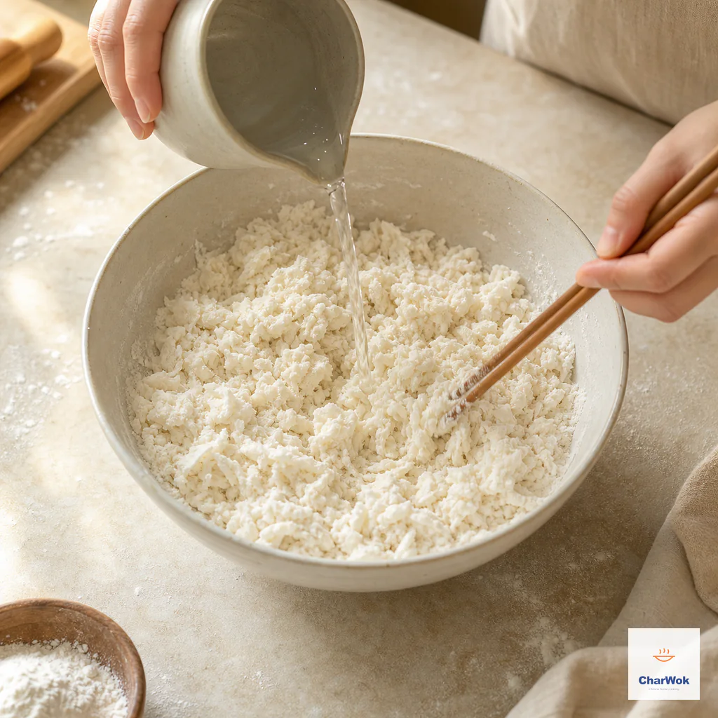 Room-temperature water streams into flour while chopsticks stir loose snowflake-like flakes with no puddle