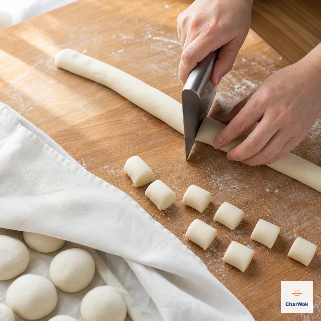 A straight dough scraper cuts an even pale dough rope into equal small pieces while unused dough stays under a cloth